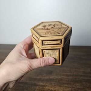 Small Vintage Woven Bamboo Hexagon Box Pyrography Red Velvet